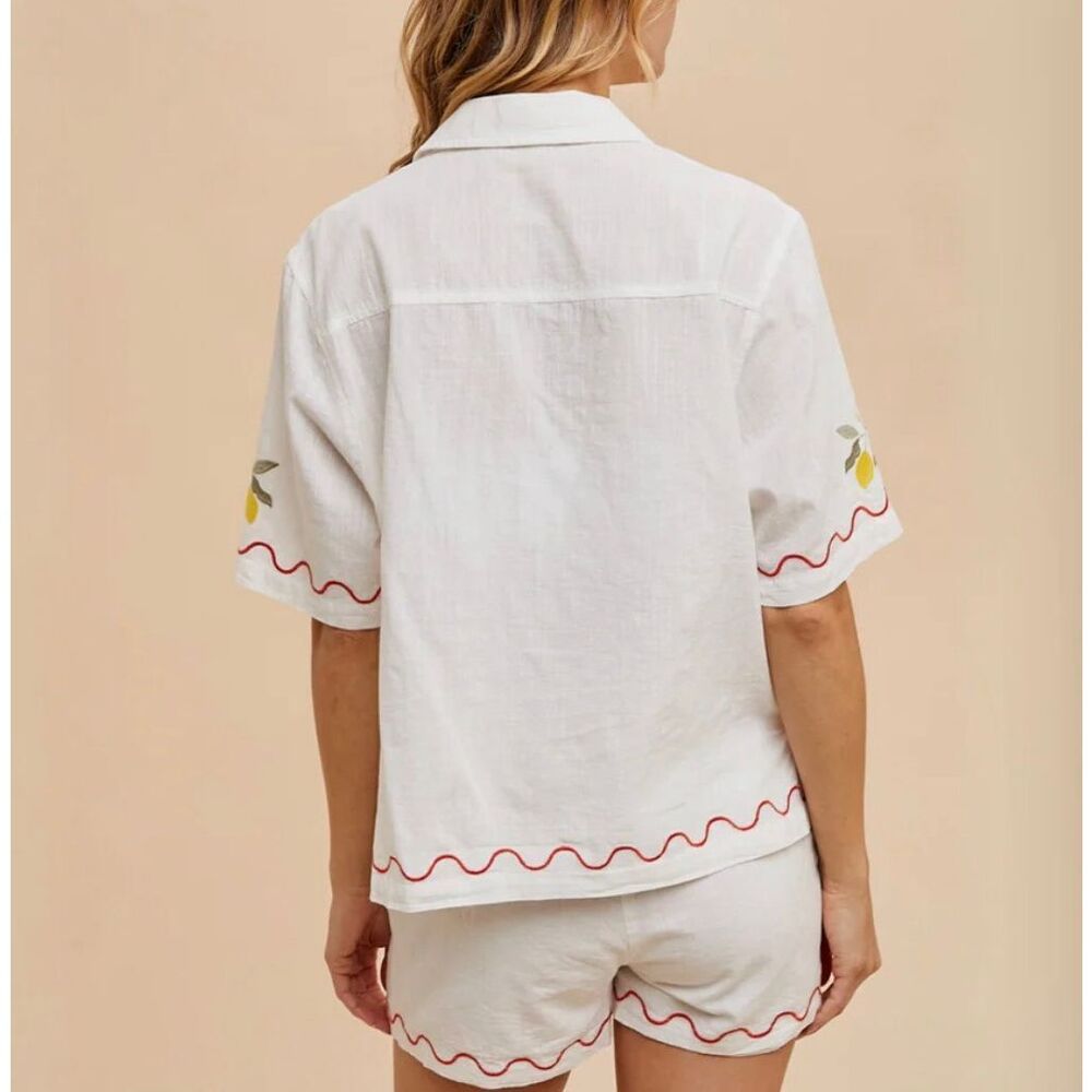 In Loom Embroidered Shirt Button Up Strawberry Lemon Picnic Short Sleeve Scallop - Picture 6 of 13
